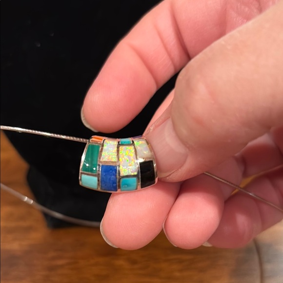 Sterling Silver Stone inlay Slide Pendant on 925 wire choker Necklace. - Picture 5 of 9